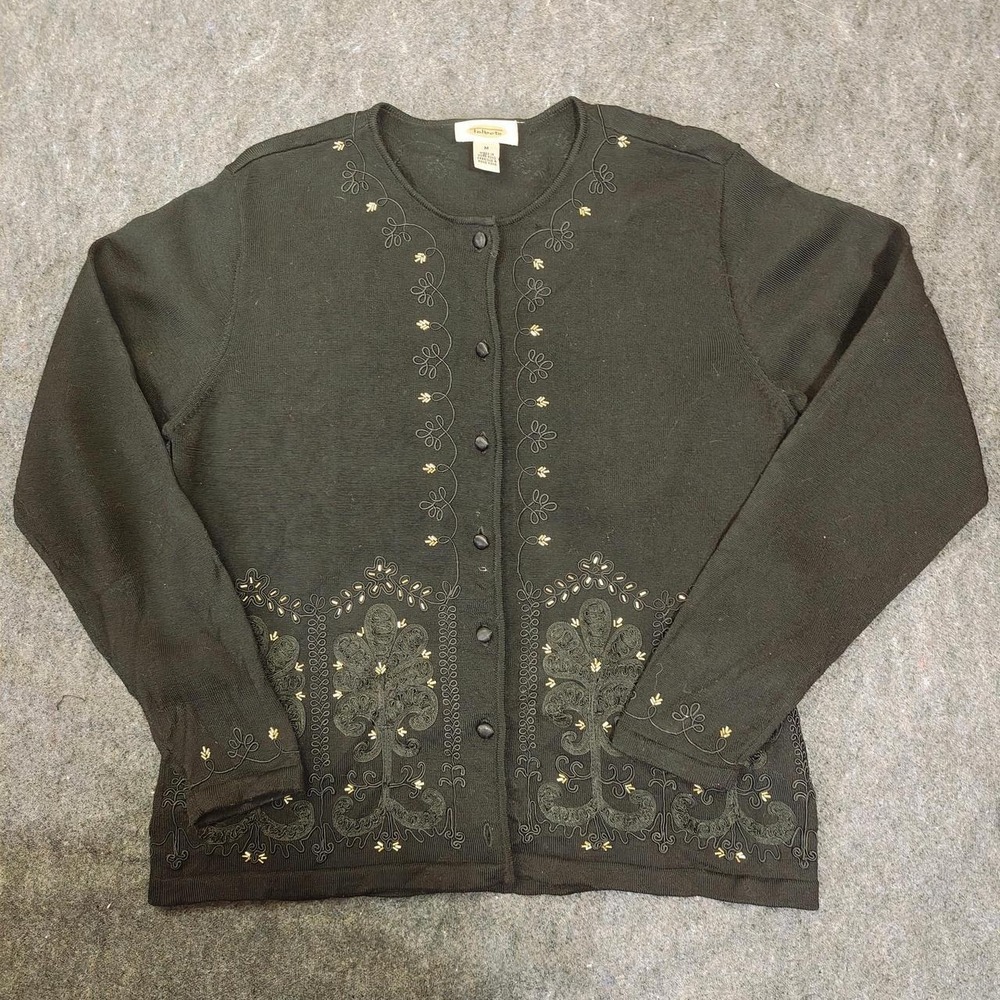 Talbots Womens Black 100% Wool Embroidered Soutache Cardigan Sweater M